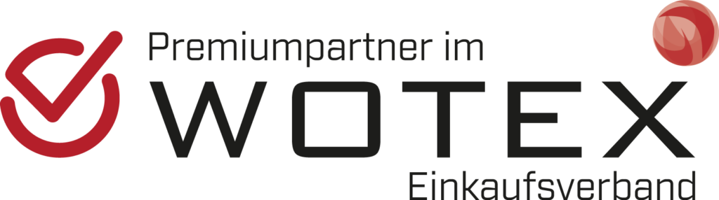 Ein Logo mit der Aufschrift „wotex“. Firmenadresse