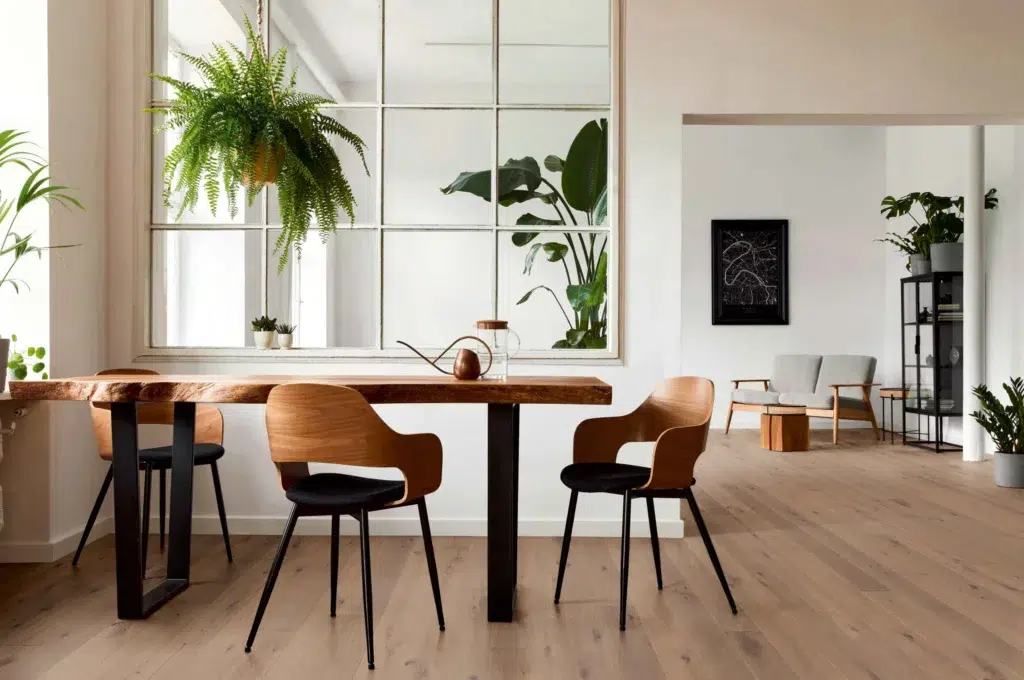 Ein Wohnzimmer mit weißen Wänden, Holzböden und eleganter Firma. Firmenadresse