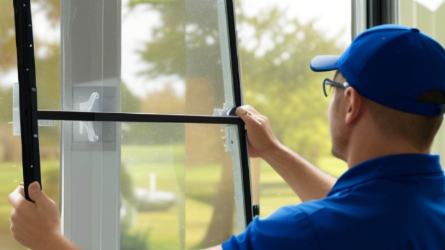 Insektenschutzmontage : Ein Mitarbeiter installiert ein Fliegengitter am Fenster. Firmenadresse