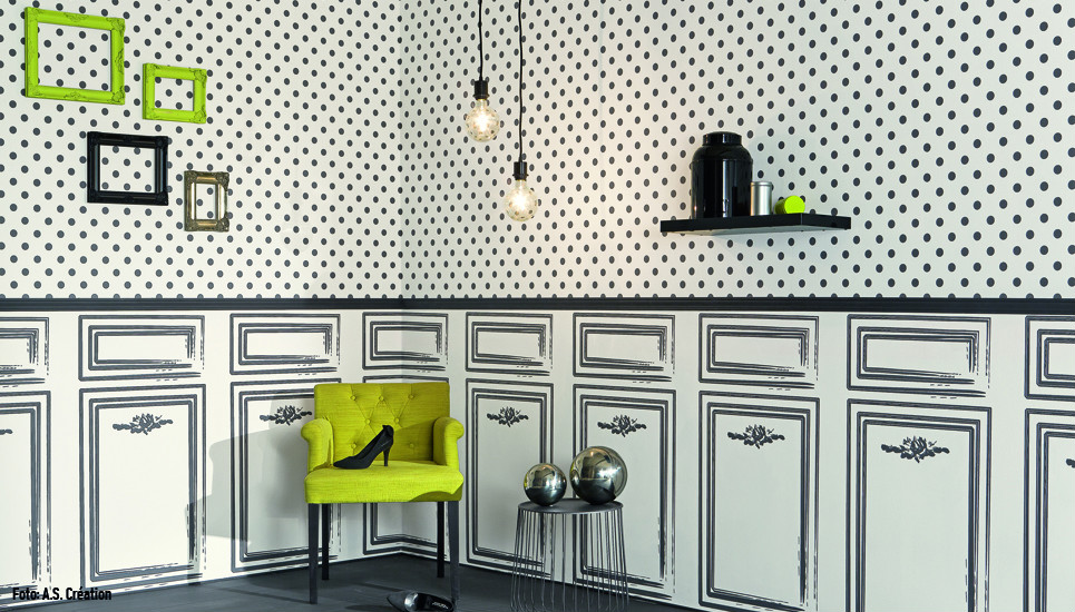 Bild Malerarbeiten: Malern und Tapezieren - Ein unverwechselbares Interieur mit gepunkteter Tapete, schwarz-weißer Täfelung und leuchtend grünen Sitzgelegenheiten mit eklektischem Dekor, aufgewertet durch Malerarbeiten. Firmenadresse