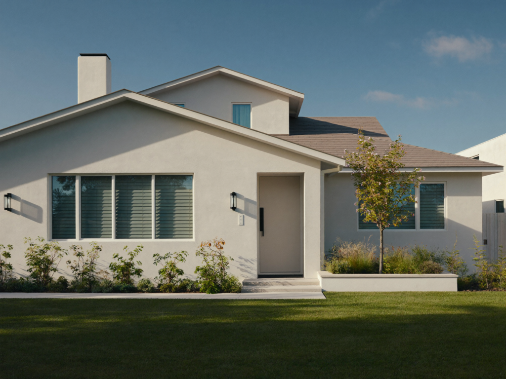 Frisch gestrichene Fassade eines modernen Einfamilienhauses