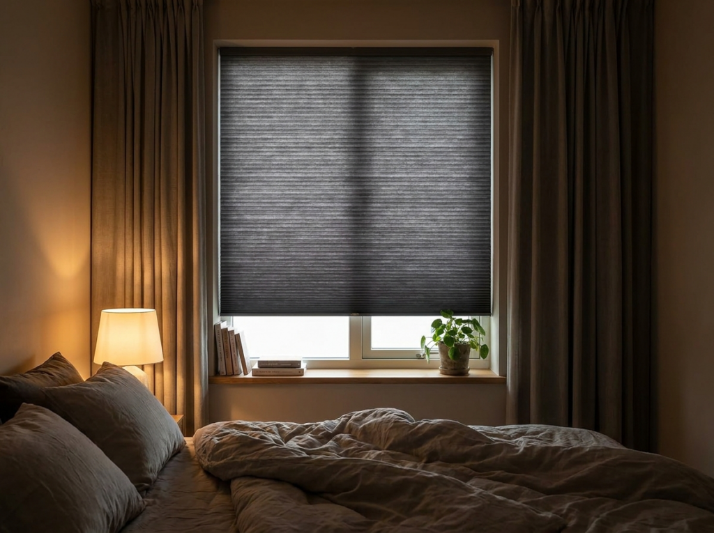 Verdunkelndes Wabenplissee im Schlafzimmer