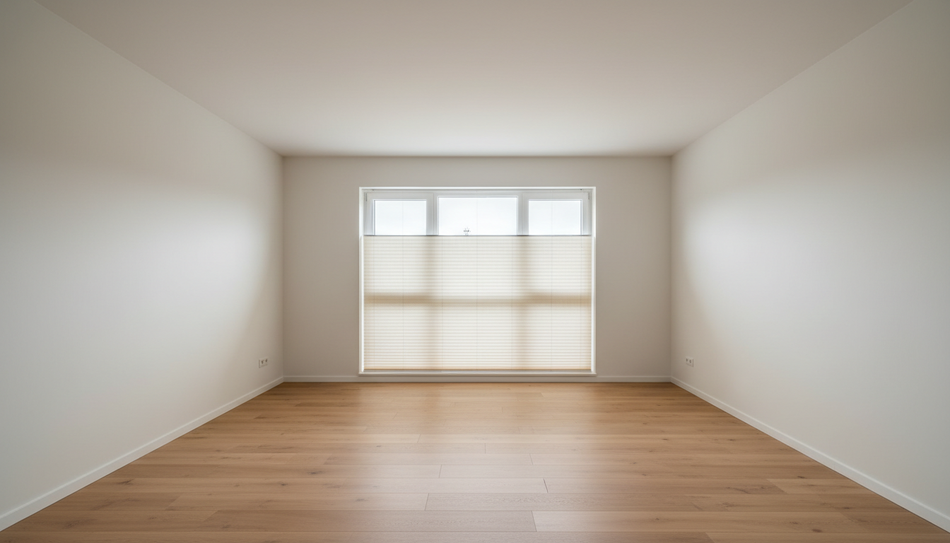 Modernisierter heller Wohnraum in Bad Hersfeld mit frischem Anstrich, neuem Bodenbelag und Plissee am Fenster